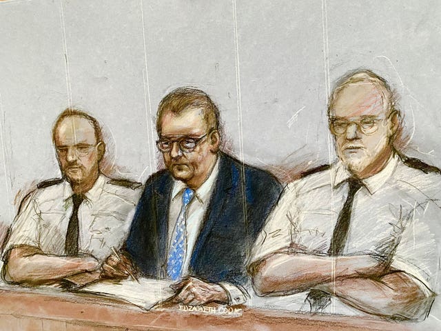 Court artist drawing by Elizabeth Cook of Sir Jeffrey Donaldson appearing at Newry Crown Court
