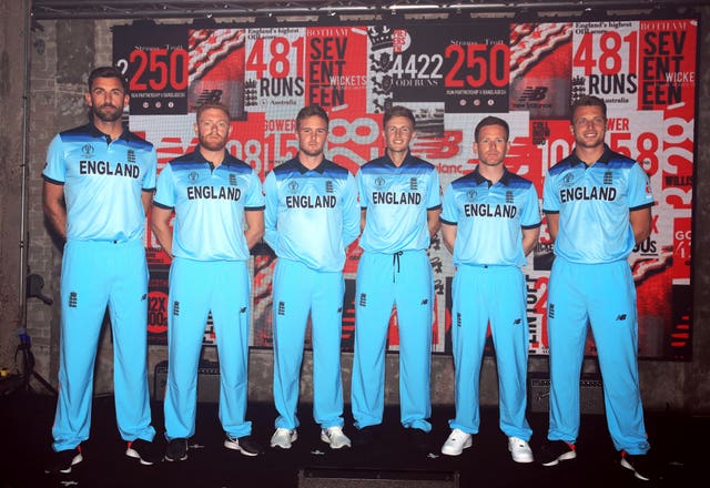 Liam Plunkett, Jonny Bairstow, Jason Roy, Joe Root, Eoin Morgan and Jos Buttler model the new England kit