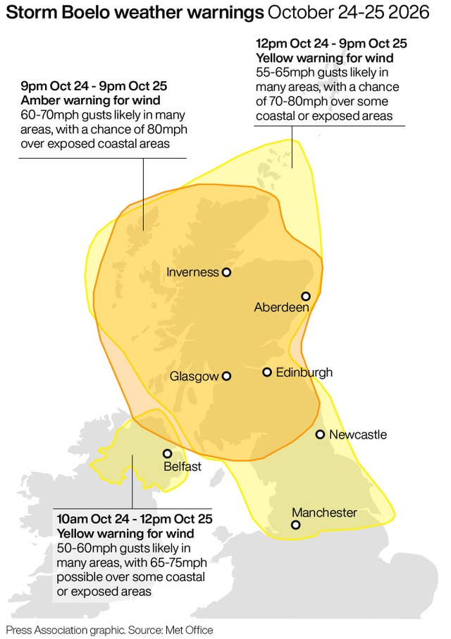 Map showing Storm Boelo weather warnings for October 24-25 2026