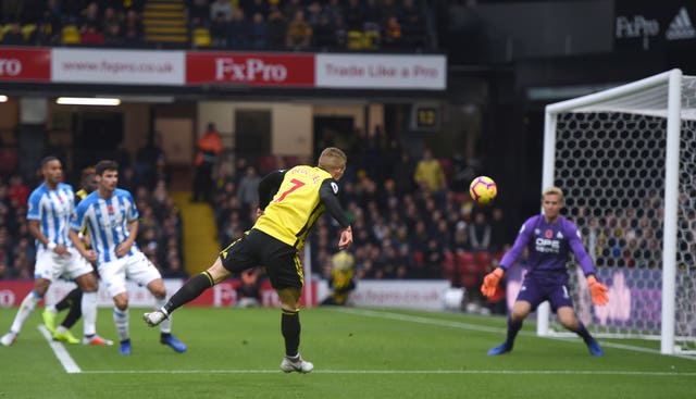 Watford’s Gerard Deulofeu scores against Huddersfield. (PA)