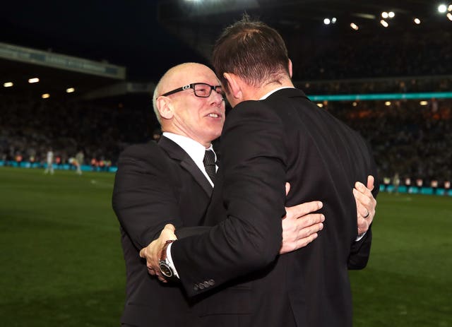 Derby County owner Mel Morris celebrates victory with manager Frank Lampard (right) (PA)