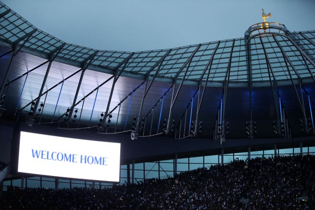 A 'welcome home' message on the big screen at the Tottenham Hotspur Stadium