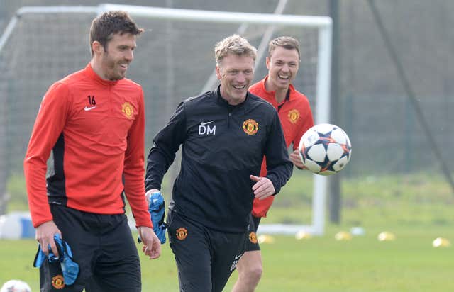 Carrick pictured during a United training session with David Moyes