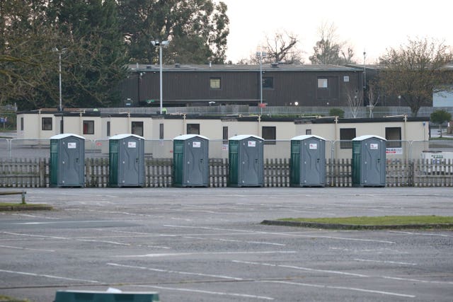 Temporary buildings are erected for coronavirus testing for NHS workers in the car park of Chessington World of Adventures in Chessington, Greater London