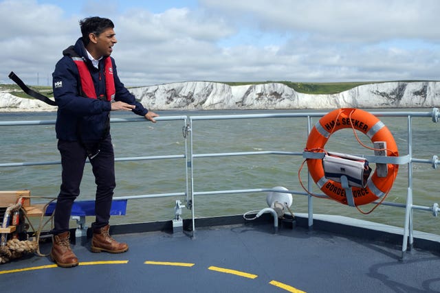 Prime Minister Rishi Sunak onboard Border Agency cutter HMC Seeker during a visit to Dover, ahead of a press conference to update the nation on the progress made in the six months since he introduced the Illegal Migration Bill