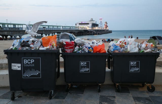 Waste ready to be collected on Bournemouth beach