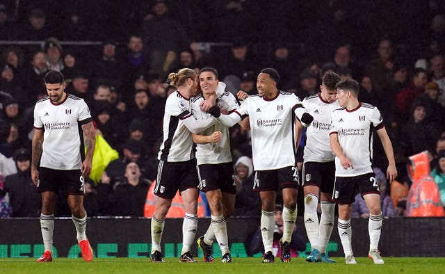 Fulham's Joao Palhinha celebrates with his team-mates