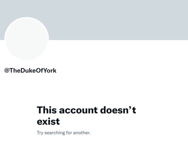Screenshot taken from Twitter of the Duke of York’s Twitter account, which has been deleted and now comes up with a blank page