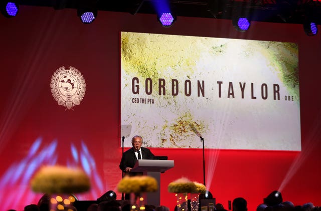 Gordon Taylor on stage during the 2018 PFA Awards in London