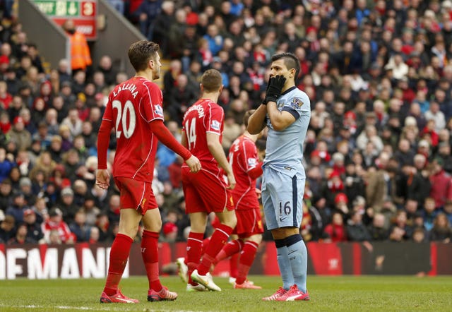 Sergio Aguero - still to score at Anfield - reacts to a missed chance in March 2015