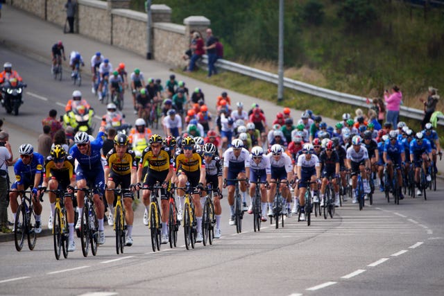 The peloton makes its way through Camborne