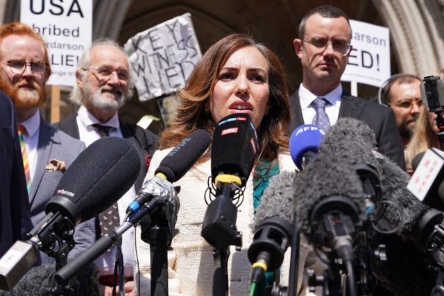 Stella Assange, the wife of Julian Assange, giving a statement outside the Royal Courts of Justice in London