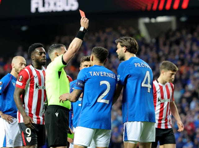 Rangers’ Robin Propper is sent off against Athletic Bilbao