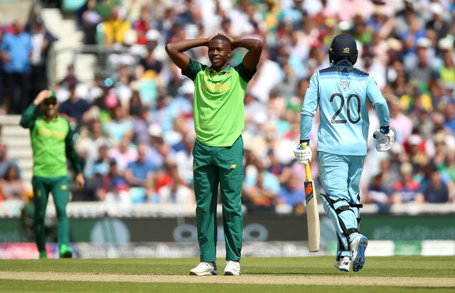 Kagiso Rabada (centre) in action against England.