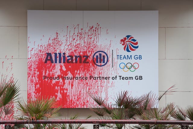 A branch of Allianz Insurance commercial offices in Gracechurch Street, London, after Palestine Action threw red paint over the outside of the building