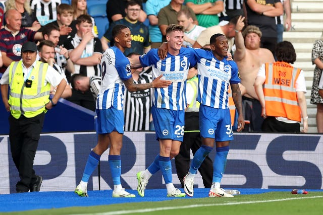 Brighton's Evan Ferguson (centre) is out of the game in Paris through injury
