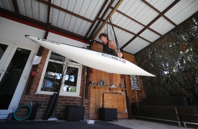 British slalom canoeist Adam Burgess trains at his home in Cheshunt, Hertfordshire during lockdown. The 28-year-old has qualified to represent Great Britain at the rescheduled 2020 Summer Olympics in Tokyo, competing in the Men's C-1 event.
