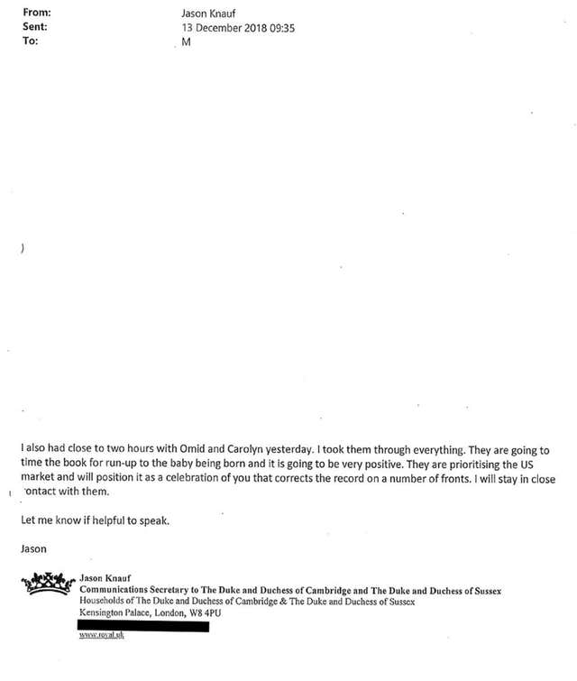 An email from Jason Knauf - former communications secretary to the Duke and Duchess of Sussex - to the duchess that has been released during an appeal by Associated Newspapers Limited against a High Court judge’s decision to grant Meghan summary judgment after she sued the publisher of The Mail on Sunday and MailOnline over five articles that reproduced parts of a 'personal and private' letter to her father Thomas Markle