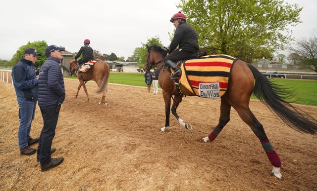 Aidan O’Brien watches as Concert Hall is exercised at Ballydoyle