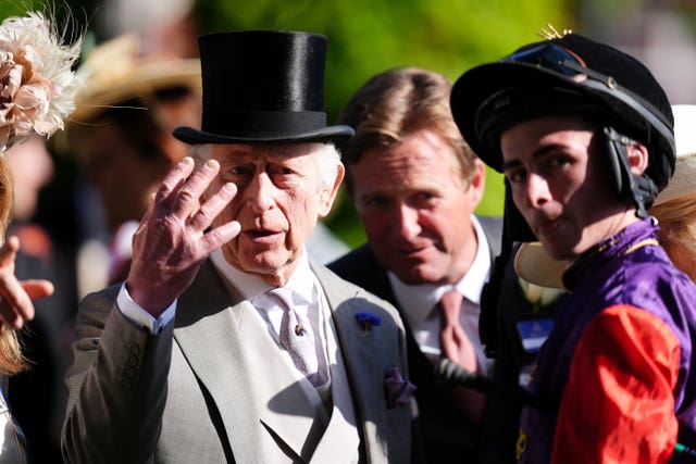 King Charles III with jockey Rossa Ryan, right, at Royal Ascot