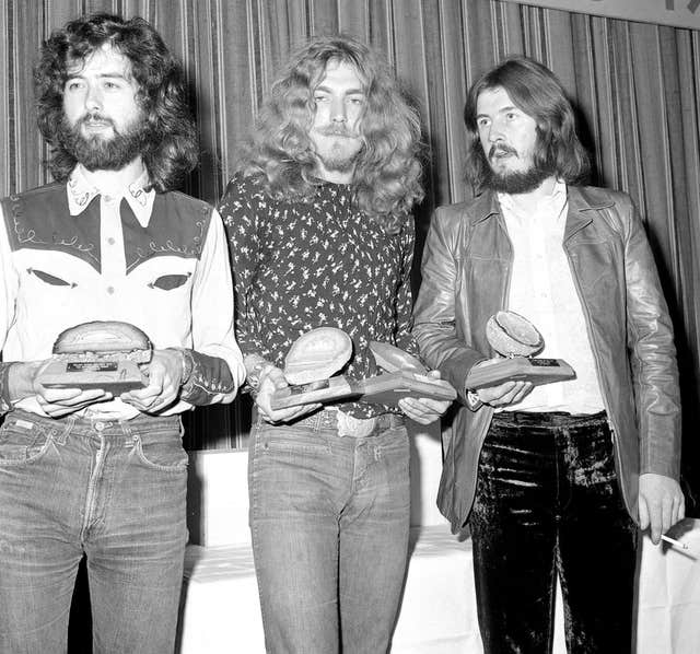 Members of Led Zeppelin Jimmy Page, Robert Plant and John Bonham in 1970