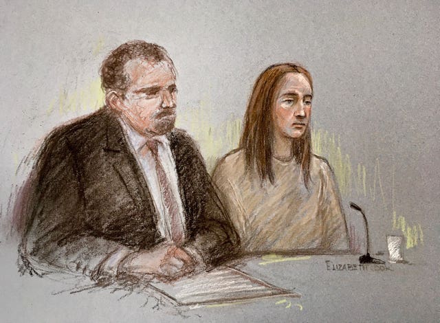 Sketch of Lucy Letby, next to her solicitor Richard Thomas