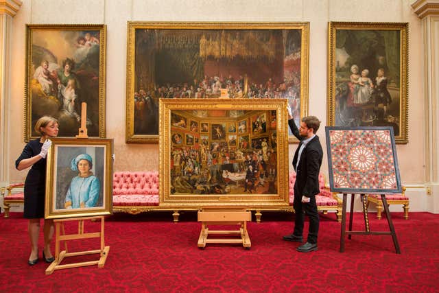 The oil sketch HM the Queen by Michael Noakes, The Tribuna of the Uffizi, and a Moroccan inspired painting by Natasha Mann which will go on show at the Palace in the summer (Dominic Lipinski/PA)