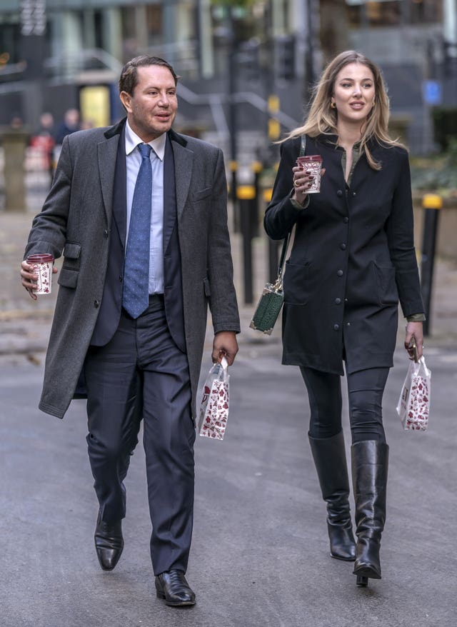Socialite James Stunt and Helena Robinson outside Leeds Cloth Hall Court during a break for lunch