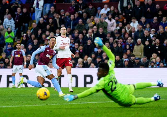 Aston Villa’s Jacob Ramsey reacts as his shot goes wide