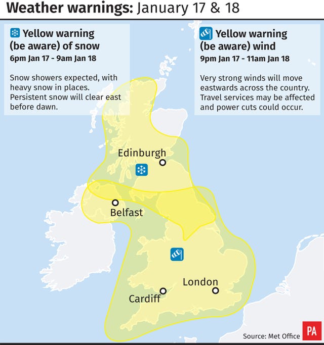 Weather warnings for January 17 and 18 (PA Graphics)