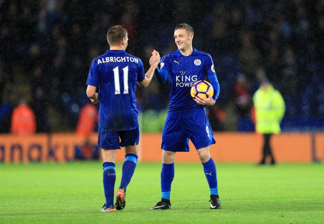 Jamie Vardy (right) scored a hat-trick against Manchester City