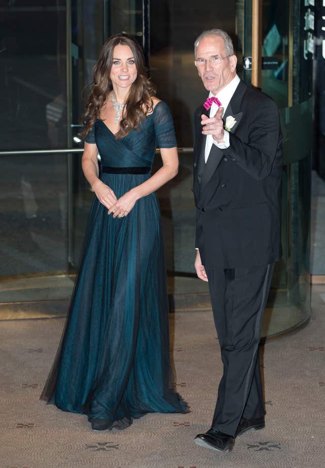 The Duchess of Cambridge, wearing a dress by British designer Jenny Packham.