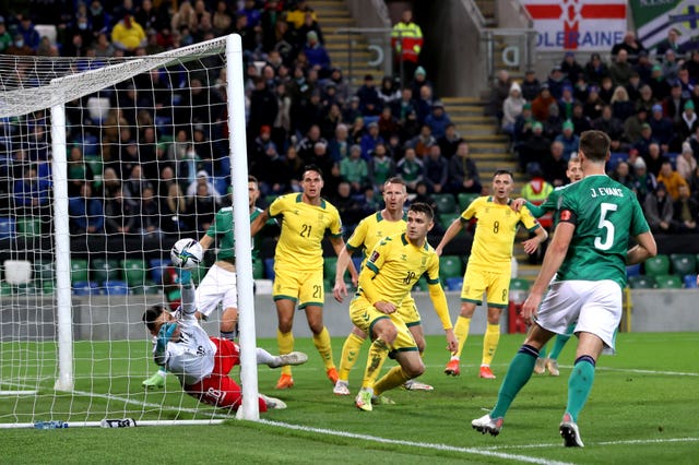 Lithuania’s Benas Satkus, not pictured, scores an own goal to put Northern Ireland ahead