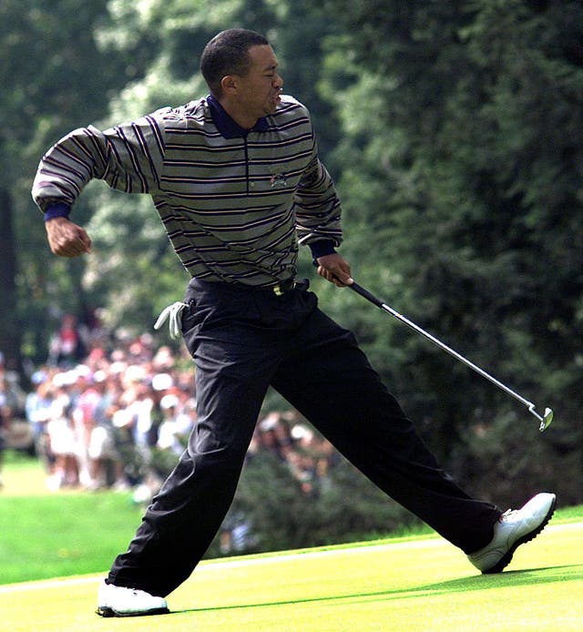 Woods celebrates an eagle putt at the 1999 Ryder Cup 