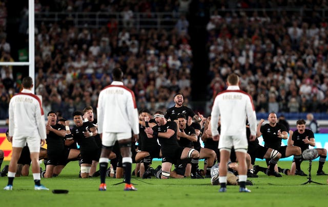 England forced a V-shape as New Zealand performed the Haka before the Rugby World Cup semi-final