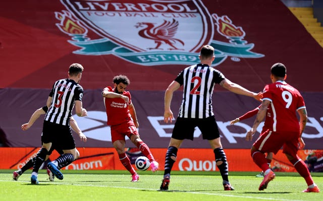 Mohamed Salah, centre left, fires Liverpool ahead