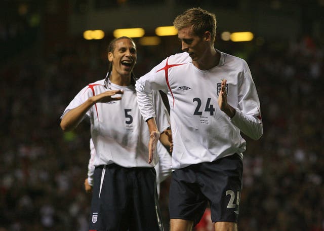 Peter Crouch performs his 'robot' dance after scoring for England against Hungary at Old Trafford in 2006