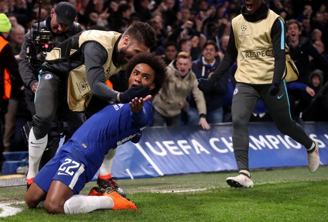 Chelsea’s Willian celebrates scoring his side’s first goal of the game (Adam Davy/PA)