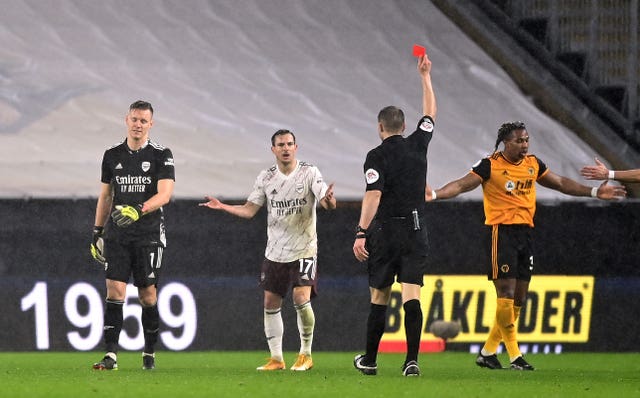 Bernd Leno was sent off for handling the ball outside of his area in the loss at Molineux.
