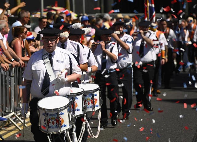A marching band parading
