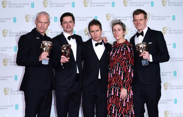 Martin Mcdonough, Pete Czernin, Sam Rockwell, Frances McDormand and Graham Broadbent celebrate the success of Three Billboards Outside Ebbing, Missouri (Ian West/PA)