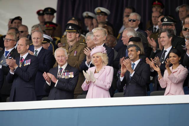The Prince of Wales, the King, Queen Camilla and then-prime minister Rishi Sunak with his wife Akshata Murty at the 80th anniversary of D-Day commemorations