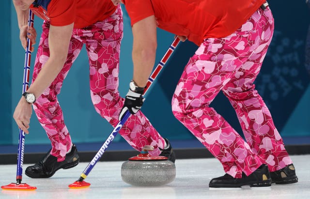 The Norwegian Men’s Curling team sport Valentine's Day-themed trousers during the Men’s Round Robin Session 2 match against Japan at the Gangneung Curling Centre during day five of the PyeongChang 2018 Winter Olympic Games in South Korea (David Davies/PA)