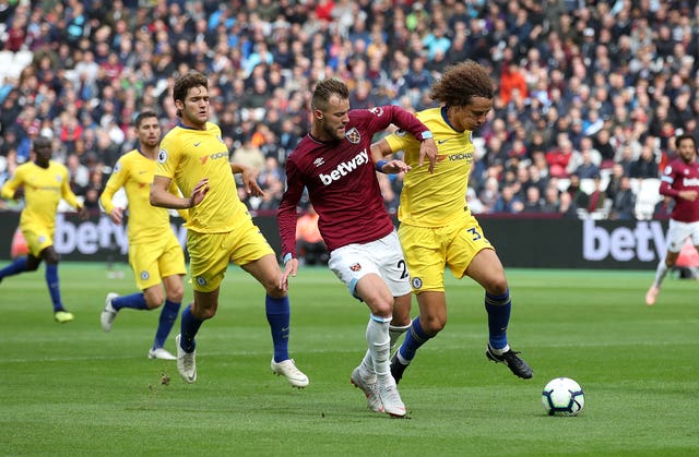 Chelsea's David Luiz playing against West Ham
