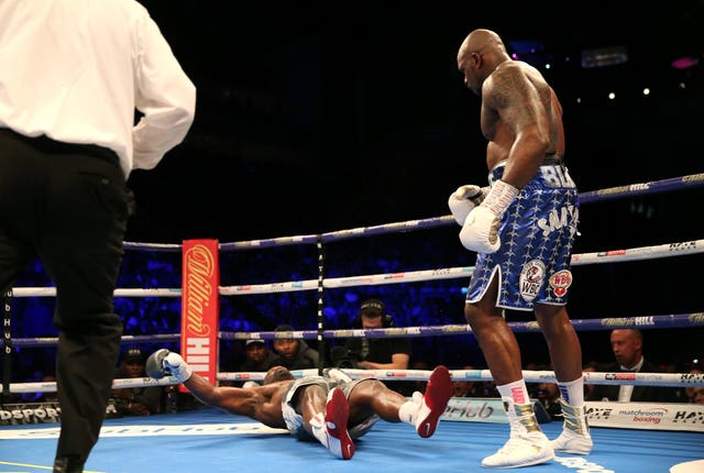 Dereck Chisora, left, is knocked out by Dillian Whyte in the 11th round