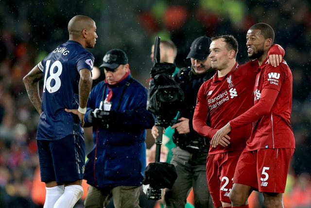 Xherdan Shaqiri (centre) scored twice off the bench as Liverpool secured a comfortable 3-1 win at home to United last season.