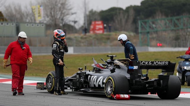 Romain Grosjean breaks down in his Haas on day three of the test