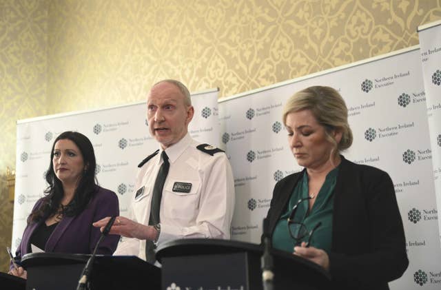 Deputy First Minister Emma Little-Pengelly, Assistant Chief Constable Davy Beck and First Minister Michelle O’Neill speak to the media