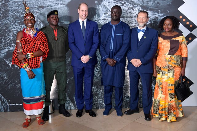 The Duke of Cambridge poses with the winners and finalists; Jeneria Lekilelei, Benson Kanyembo, Tomas Diagne, Carlos Lopes Pereira and Gladys Kalema-Zikusoka