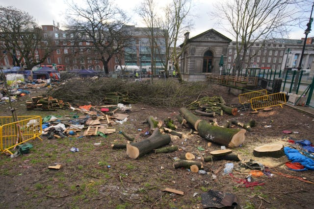 Trees cut down in Euston Square Gardens as enforcement officers continued efforts to remove protestors from underground tunnels at the HS2 Rebellion encampment in February 2021